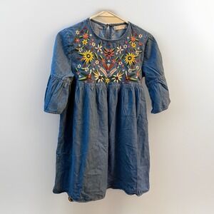 Zara Girls Denim Embroidered Dress Girls Size 13/14 Bohemian